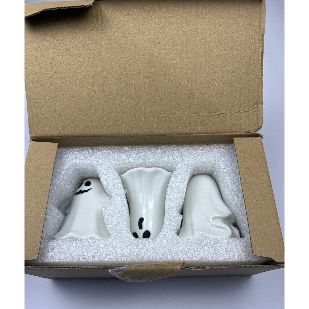 Set of 3 Ceramic Ghost Taper Candle Holders Halloween Decor Original Box